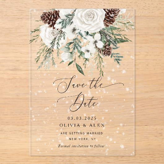Evergreen Winter Elegant Save the Date Acryl Uitnodigingen (Voorkant)