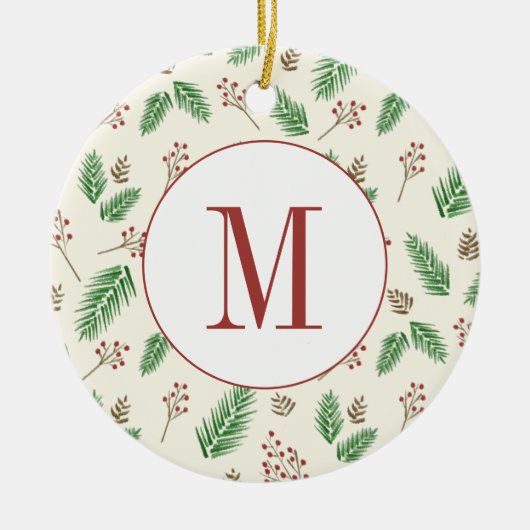 Evergreen Winter Floral Initiaal Monogram Kerst Keramisch Ornament (Voorkant)