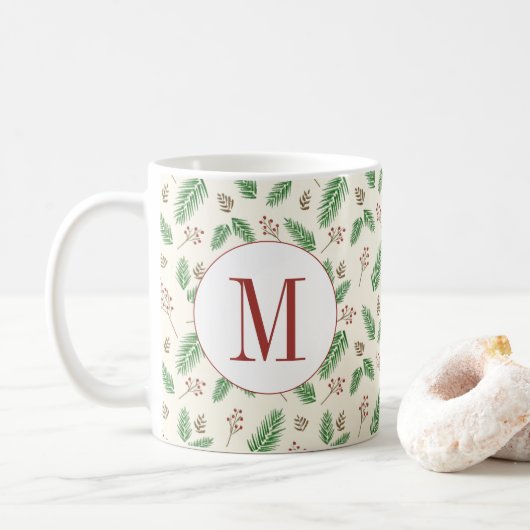 Evergreen Winter Floral Initiaal Monogram Kerst Koffiemok (Met donut)