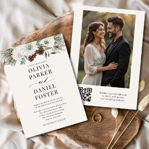 Evergreen Winter Foto QR Code Elegant Huwelijk Kaart