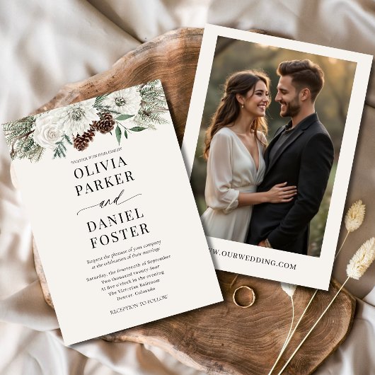 Evergreen Winter Foto Rustiek Elegant Huwelijk Kaart