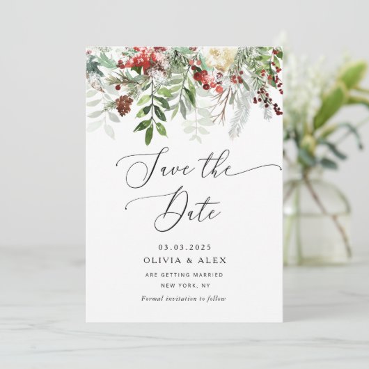 Evergreen winter Kerstbruiloft Bewaar de datum Save The Date (Staand voorkant)