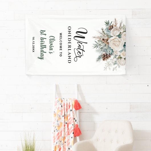 Evergreen Winter Onederland Eerste Verjaardag Welk Spandoek (Insitu)