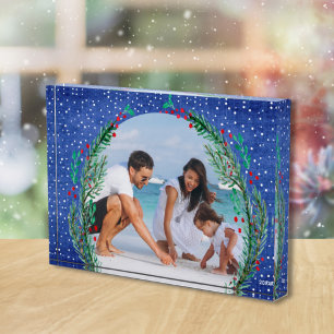 Evergreen Wreath op blauw kerstfeest Fotoblokken