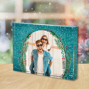 Evergreen Wreath op Turquoise Kerstmis Fotoblokken