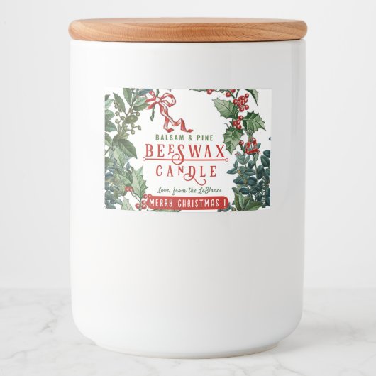  Evergreens en Red Bow Balsam Candle Label Voedselcontainer Etiket (Voorkant)