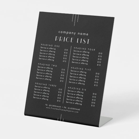 EVERLY Art Deco Black Business Services Price List Reclamebord Met Voetstuk (Voorkant)