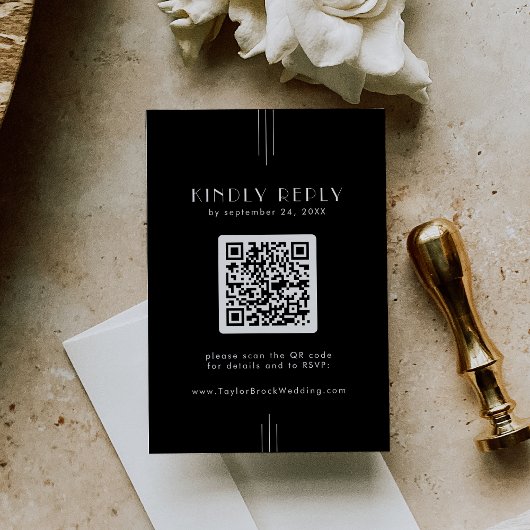 EVERLY Art Deco Black RSVP-kaart met QR-code Informatiekaartje