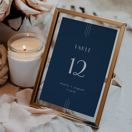 EVERLY Art Deco Navy Blue Wedding Table Numbers Kaart