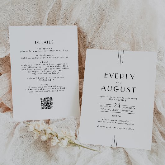 EVERLY Art Deco Simple White Black QR Code Wedding Kaart