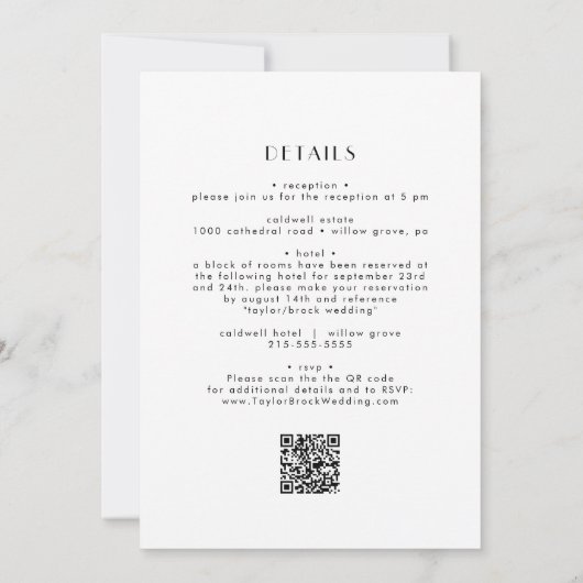 EVERLY Art Deco Simple White Black QR Code Wedding Kaart (Achterkant)