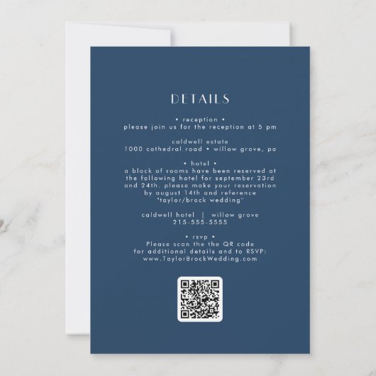 EVERLY Classic Art Deco Navy Blue QR Code Wedding Kaart (Achterkant)