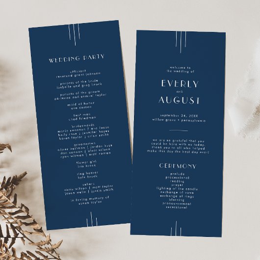 EVERLY Classic Modern Art Deco Navy Blue Wedding Programma