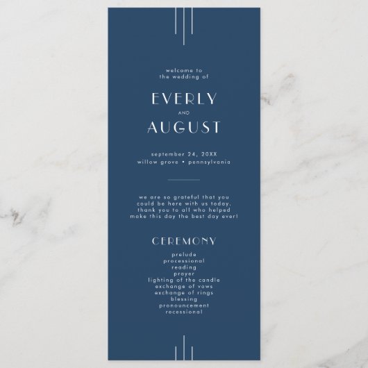 EVERLY Classic Modern Art Deco Navy Blue Wedding Programma (Voorkant)