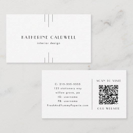 EVERLY Minimalist Art Deco White and Black QR Code Visitekaartje (Voorkant / Achterkant)