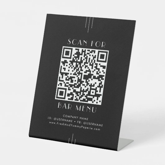 EVERLY Modern Art Deco Black Bar Menu QR Code Reclamebord Met Voetstuk (Voorkant)