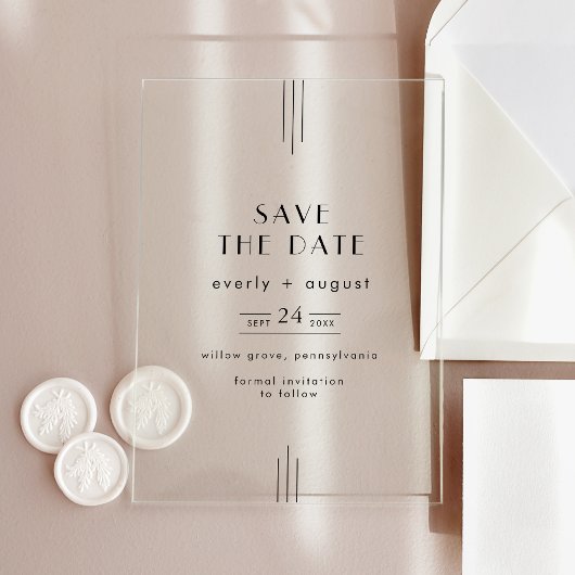 EVERLY Modern Art Deco Wedding Save the Date Acryl Uitnodigingen