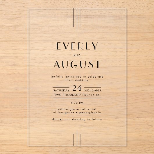 EVERLY moderne art deco acryl bruiloft uitnodiging Acryl Uitnodigingen (Voorkant)