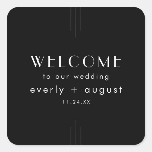 EVERLY Moderne Art Deco Zwarte bruiloft Welkom Tas Vierkante Sticker (Voorkant)