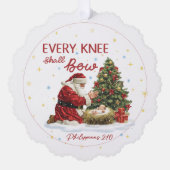 Every Knee Shall Bow Santa and Nativity Christmas Ornament Kaart (Voorkant)
