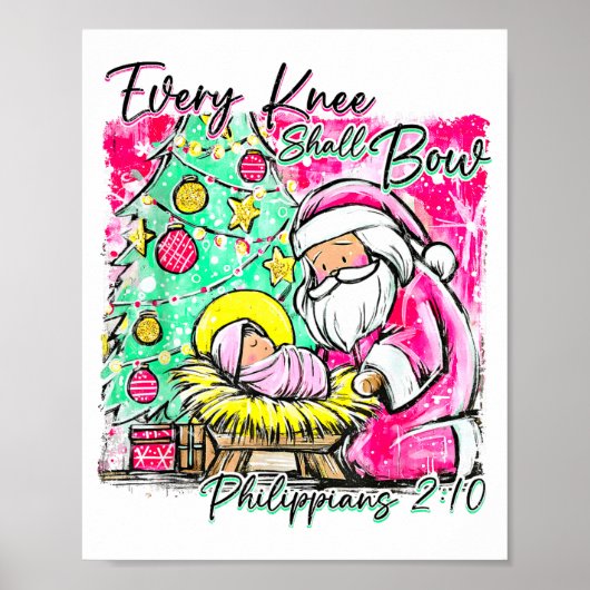 Every Knee Shall Bow Santa Christmas Nativity Scen Poster (Voorkant)