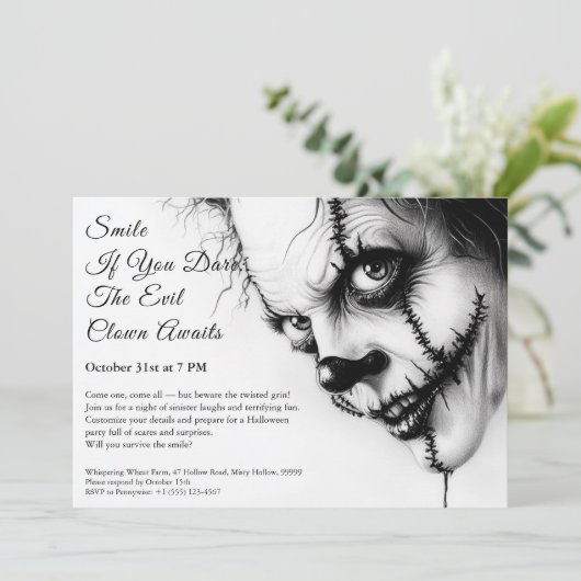 Evil Clown Halloween Uitnodiging - Sinister Smile (Staand voorkant)