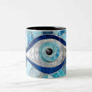 Evil Eye Amulet Mozaïek Minerale texturen Tweekleurige Koffiemok