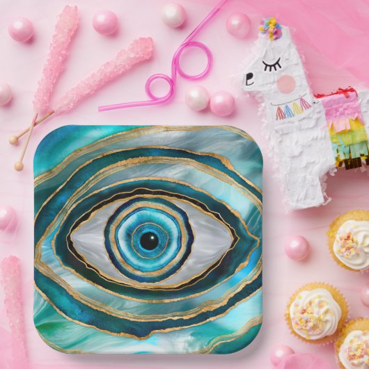 Evil Eye Amulet Waterverf marbles en goud Papieren Bordje (Feest)