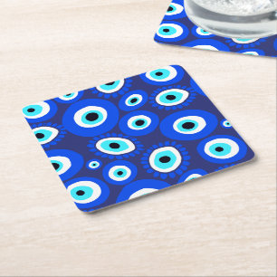 Evil Eye Symbool Blauw en Wit Patroon Vierkante Kartonnen Onderzetter