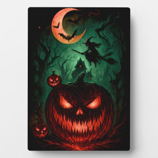 Evil Pumpkin Under Blood Moon | Witch Flying Hallo Fotoplaat