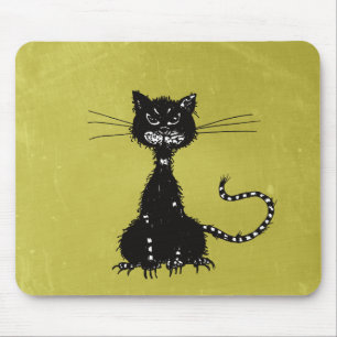 Evil Ragged Black Cat Olive Green Muismat