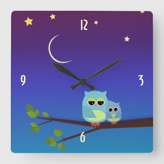 Eving Owls Wall Clock Vierkante Klok (Voorkant)