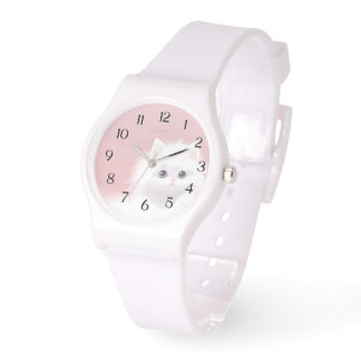 eWatch - Sweet White Fluffy Kat op Roze Horloge