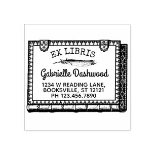 Ex Libris Boekplaat  Boek en Veer Naam Rubberstempel