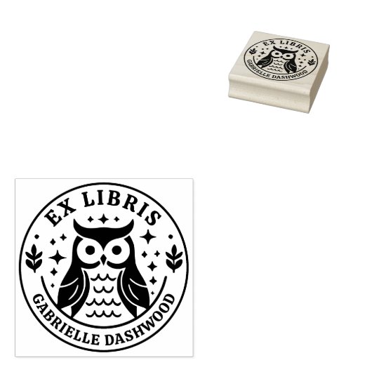 Ex Libris Boekplaat Schattigee Uil en gepersonalis Rubberstempel (Gestempeld)