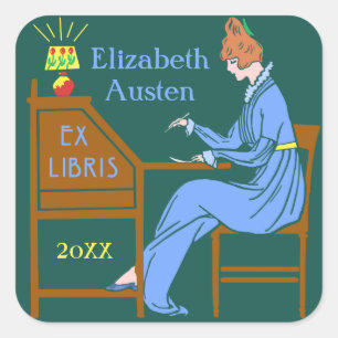 Ex Libris Bookplate Deco Lady Schrijven Bureau Cus Vierkante Sticker