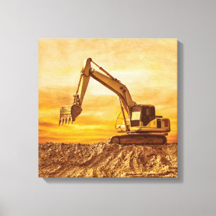 Excavator Canvas Art - Sunset Construction Scene Afdruk