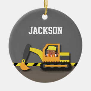 Excavator Construction African American Boy Keramisch Ornament