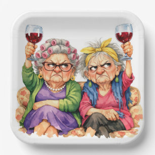Excentrieke oude dames met rode wijn papieren bordje