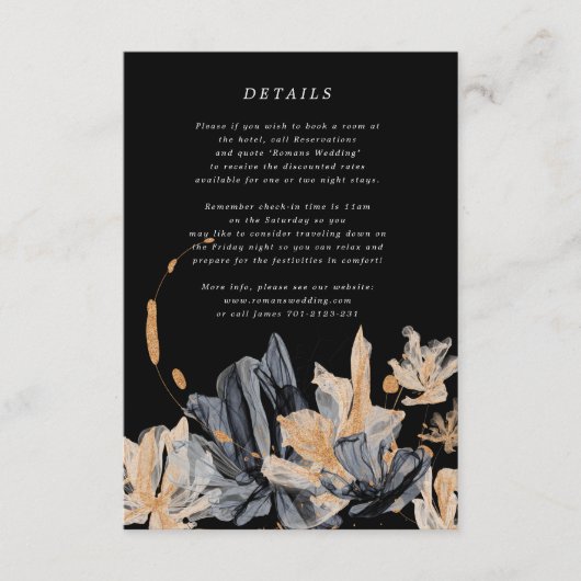 Exclusieve gouden en zwarte bloemenbruiloft info K Informatiekaartje (Voorkant)