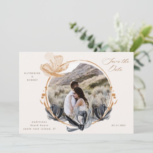 Exclusieve Zwarte Gouden Bloem Save The Date Kaart (Staand voorkant)