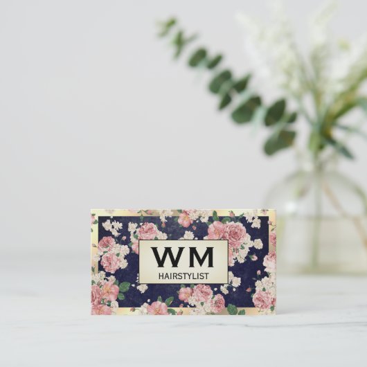 Executive Gold Lijst Blue Slate Floral Pattern Visitekaartje (Staand voorkant)