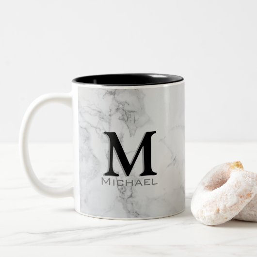 Executive Monogram White Grey Marble Tweekleurige Koffiemok (Met donut)