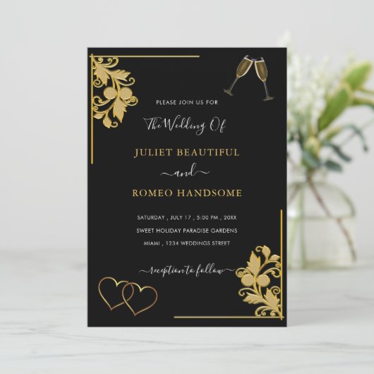 Exemple de Faire-part de mariage noir et or (Debout devant)