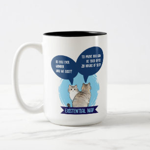 Existentiële dut komische kat slaap humor citaat tweekleurige koffiemok
