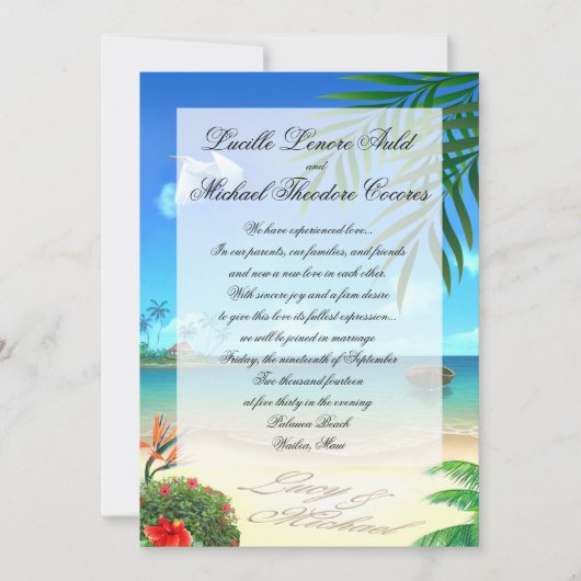 Exotic Beach Wedding "Faux Vellum" Uitnodiging (Voorkant)