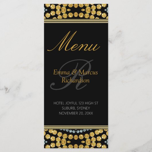 Exotic Black & Gold Decor Wedding Menu Kaart (Voorkant)