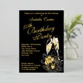 Exotic Black Gold Floral Elegant Birthday Party Folie Uitnodiging (Staand Voorkant)