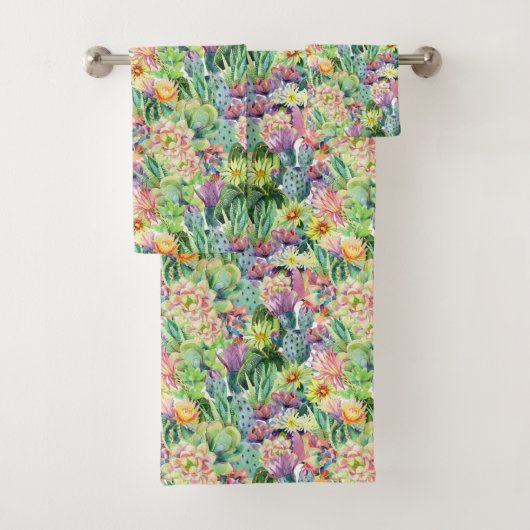 Exotic Blooming Waterverf Cacti Pattern Bad Handdoek (Insitu)