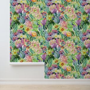 Exotic Blooming Waterverf Cacti Pattern Behang